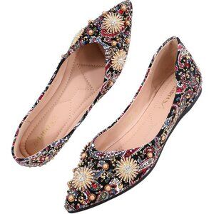 Zelaprox Women's Red Leather Rhinestone Pointed Toe Bowknot Ballet Shoes